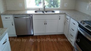 Kitchen Remodel with classic white cabinets and back splash, quartz counter tops, stainless steel appliances for a sleek modern look